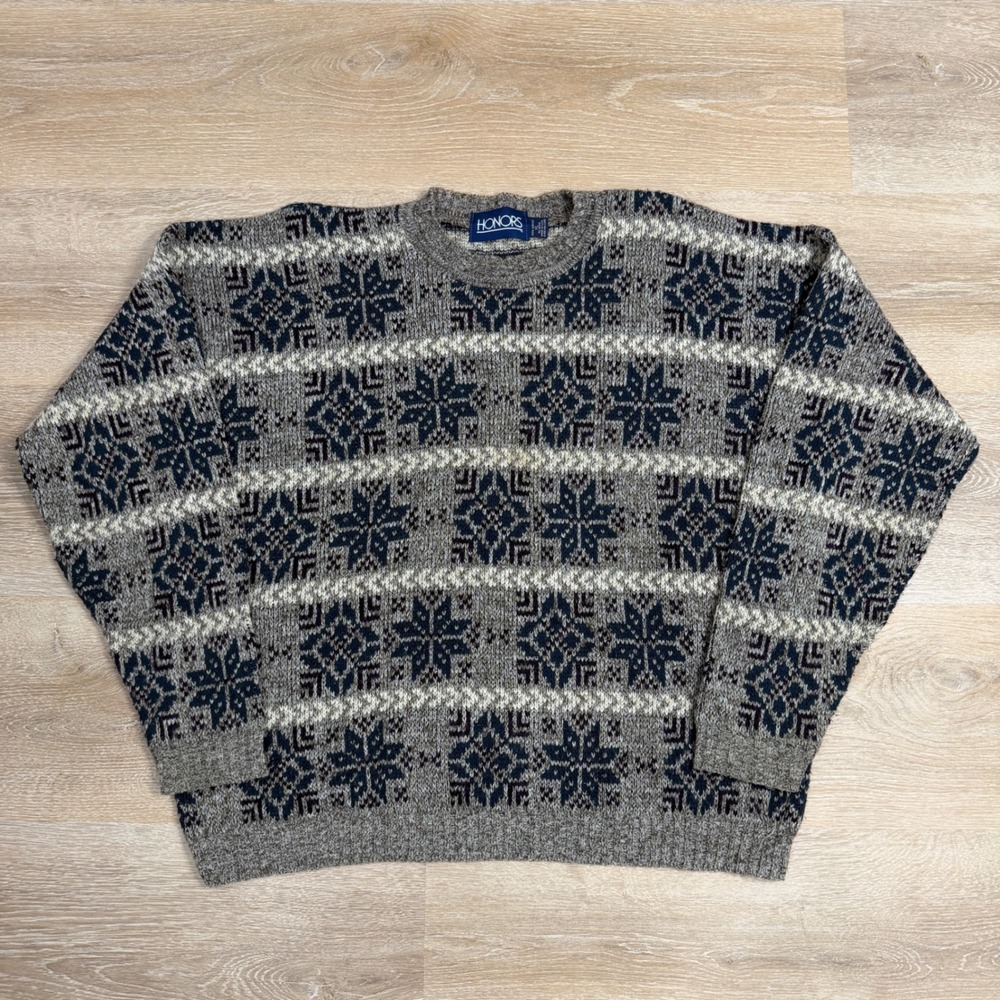 Vintage Honors Mens XL Nordic Snowflake Fair Isle Sweater Grey Navy Made in USA